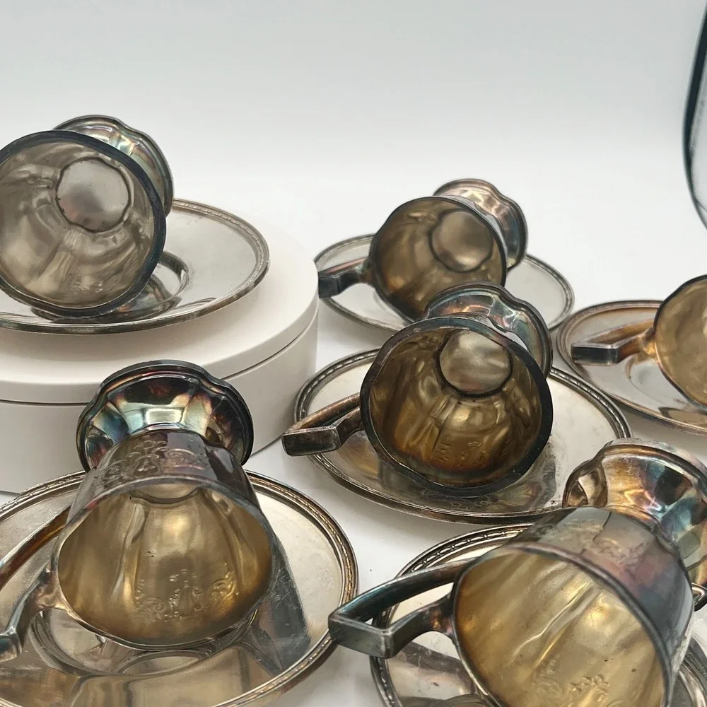 Vintage Chippendale EPNS Silverplate Demitasse Cups & Saucers Set of 10 Pat.1914